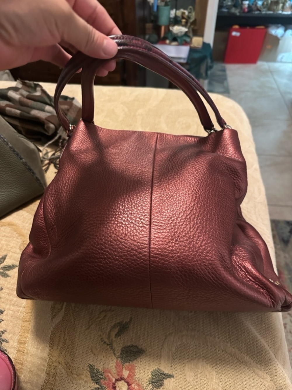 Coach Metallic Burgundy Pebbled Leather Shoulder Bag